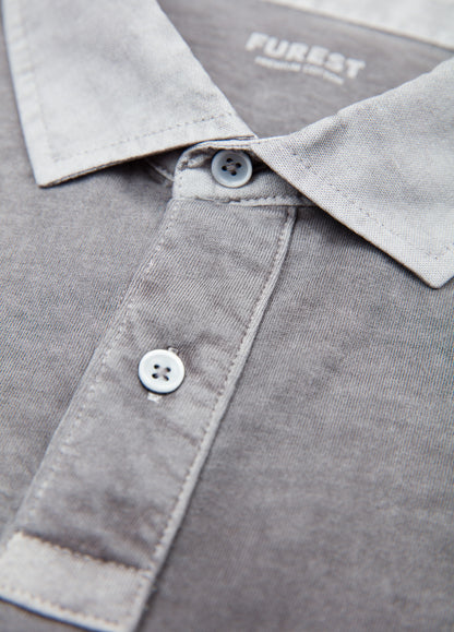 Anthracite garment-dyed long-sleeved polo shirt