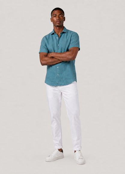 Green linen short-sleeved shirt
