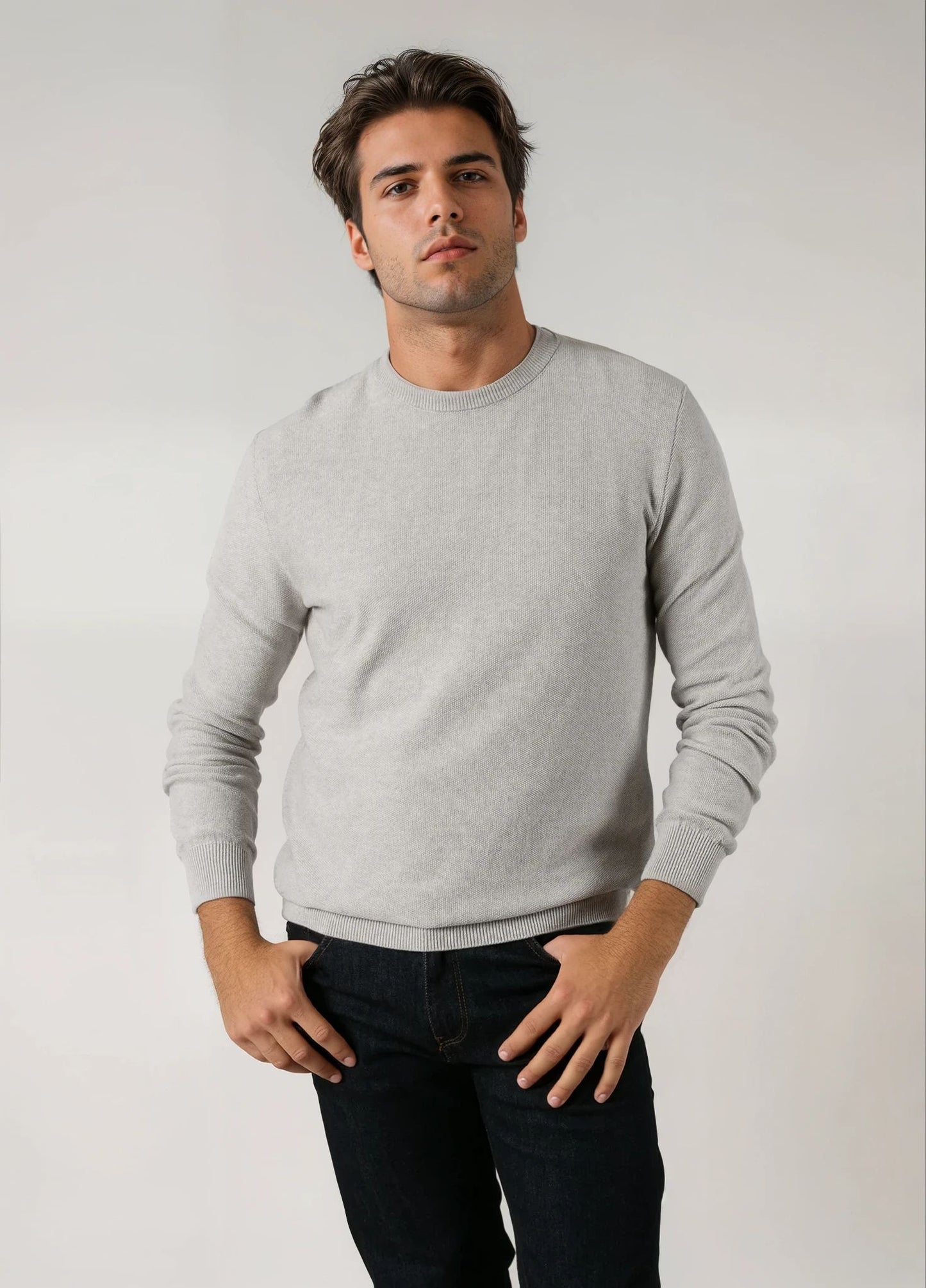 Jersey cuello redondo punto de arroz gris perla