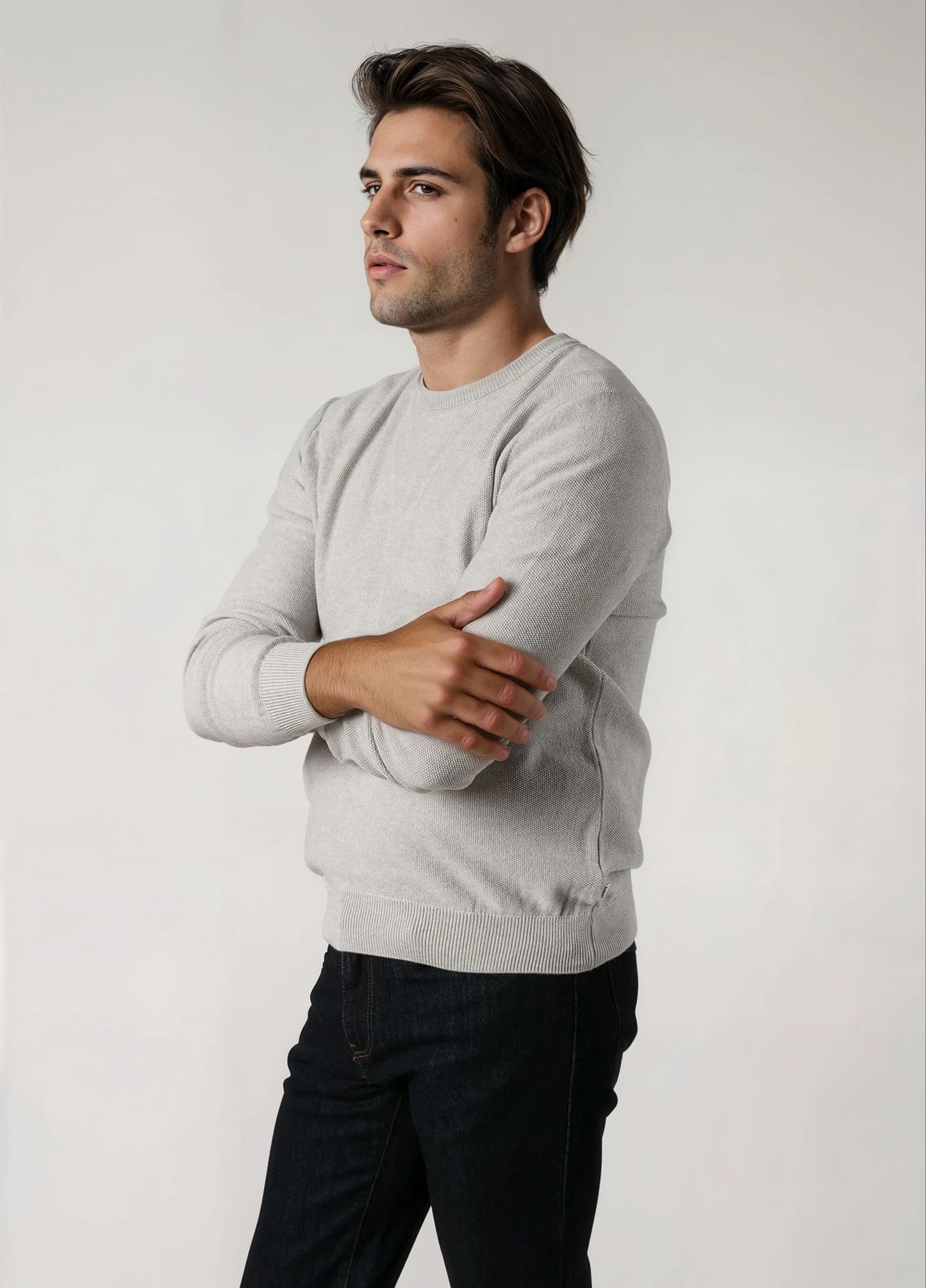 Jersey cuello redondo punto de arroz gris perla