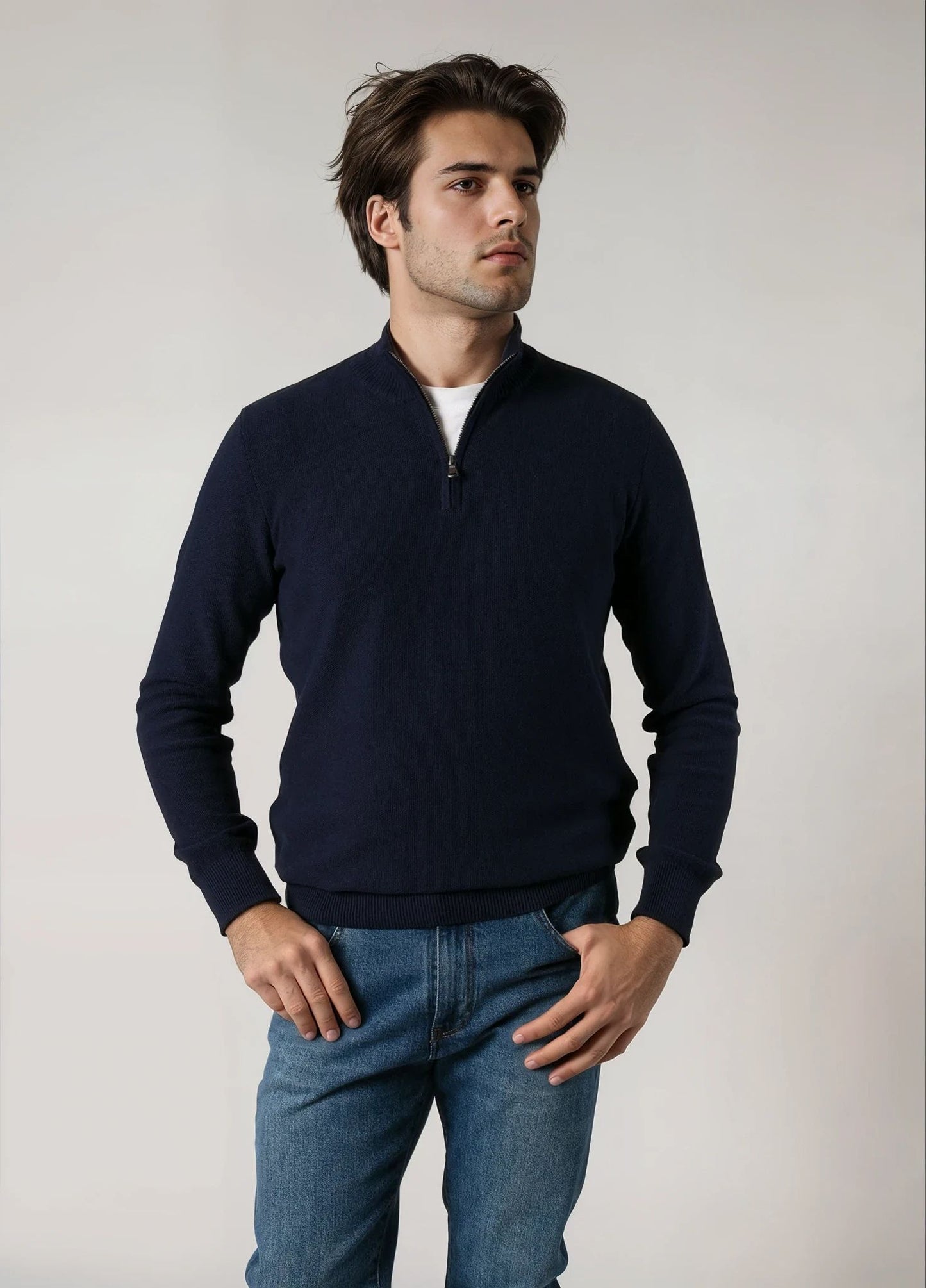 Jerséy cuello zip punto de arroz marino