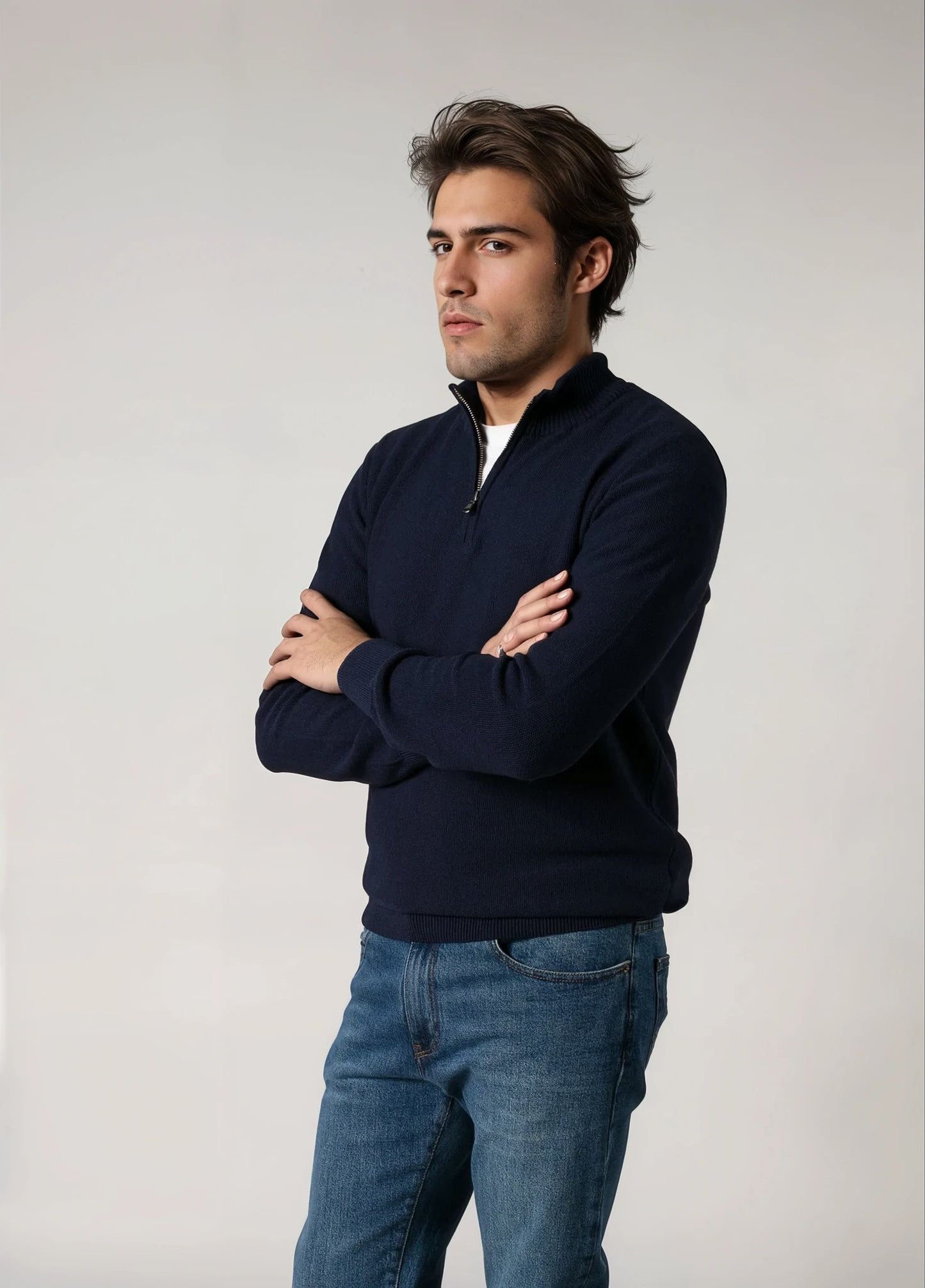 Jerséy cuello zip punto de arroz marino