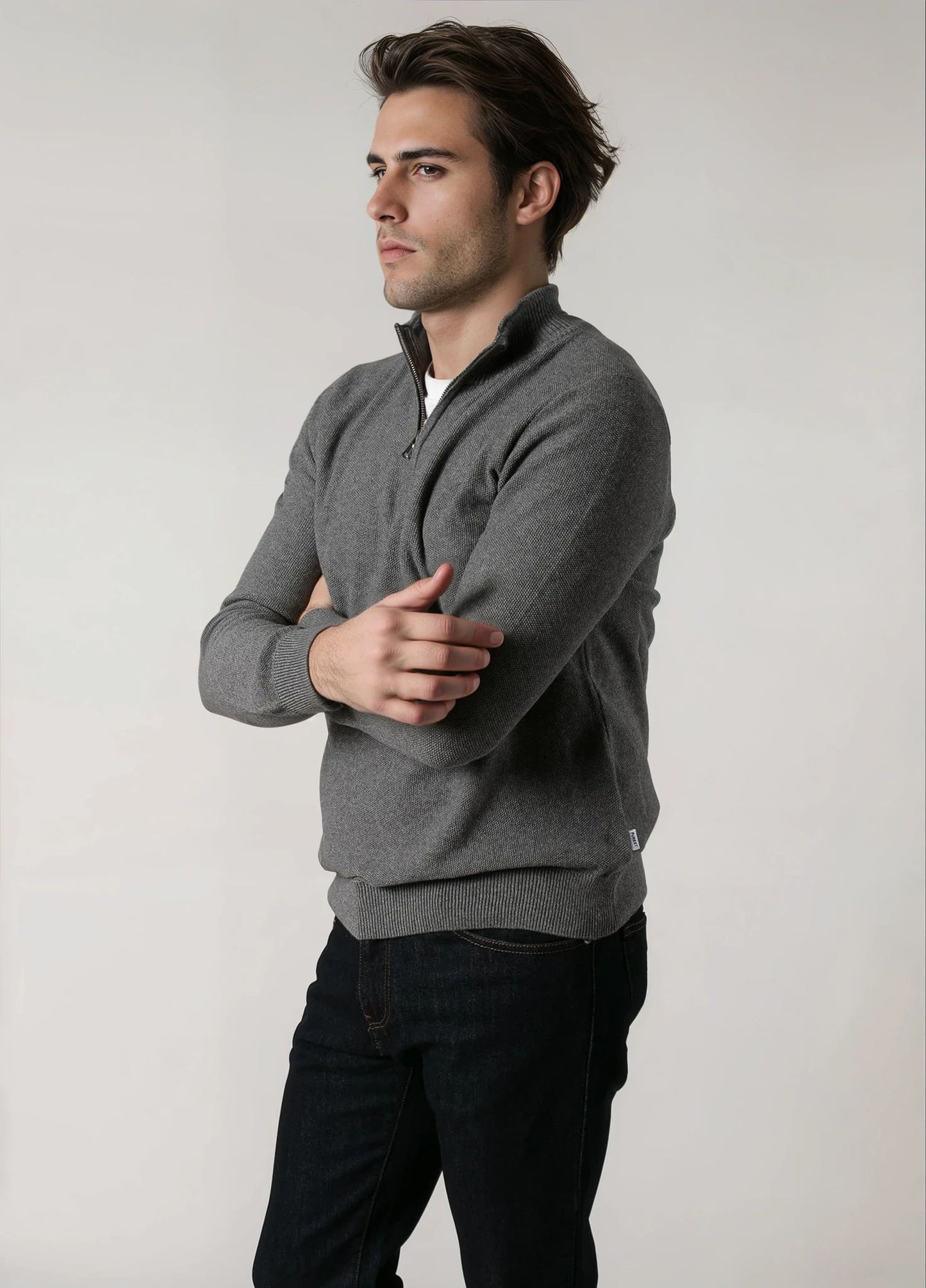 Jersey cuello zip punto de arroz gris medio