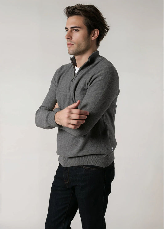 Jersey cuello zip punto de arroz gris medio