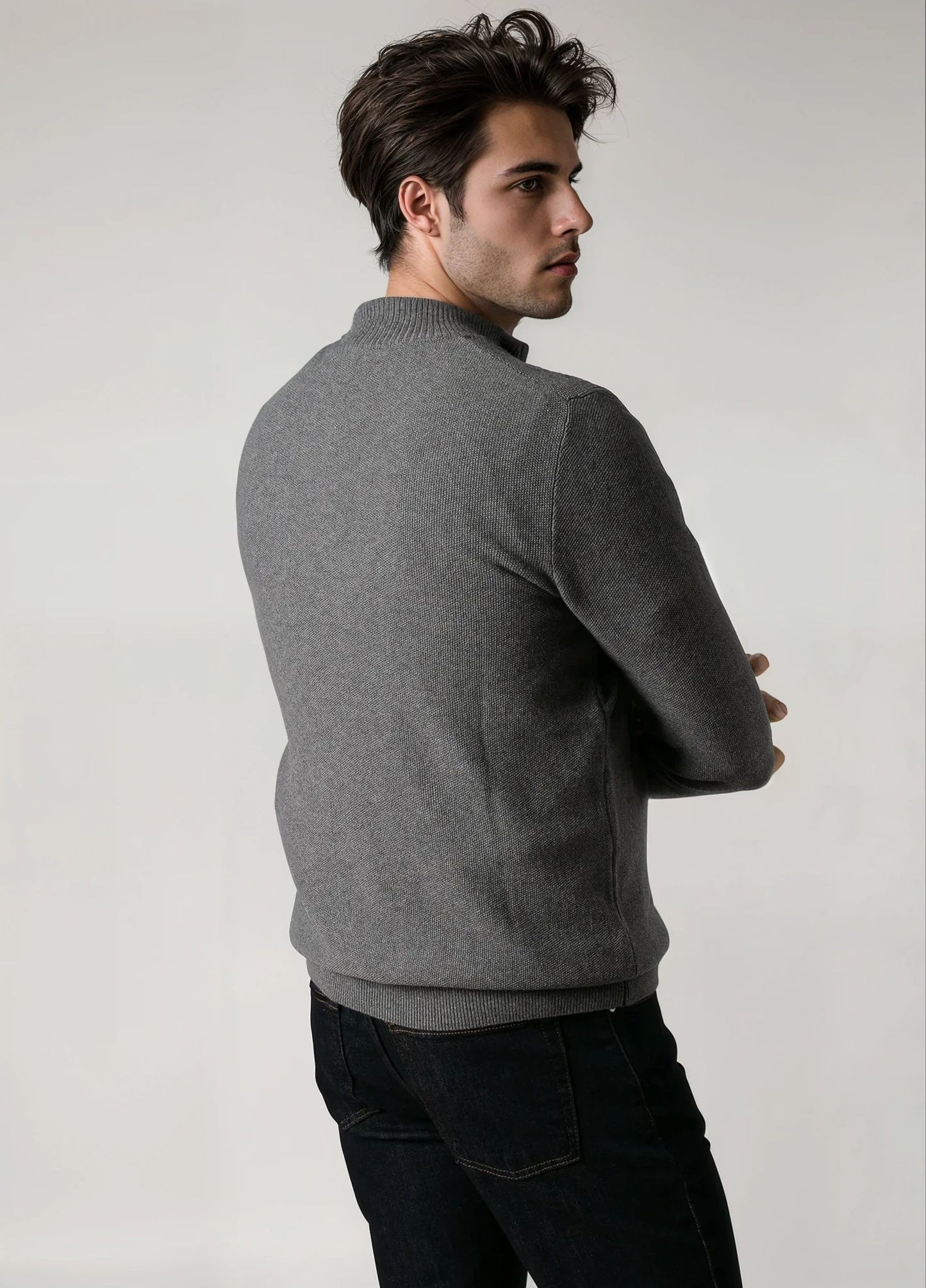 Jersey cuello zip punto de arroz gris medio