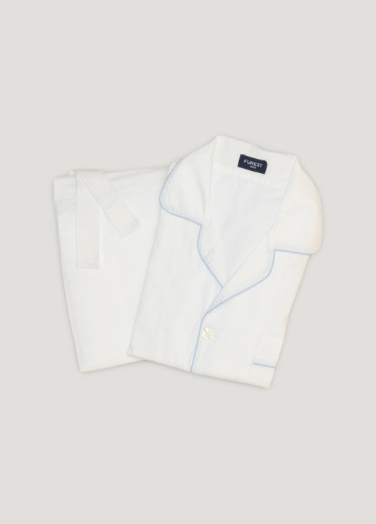 Plain white long pajamas with blue trim, including pillowcase