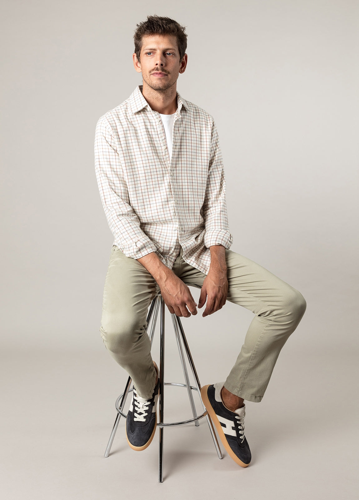 Beige plaid flannel sport shirt