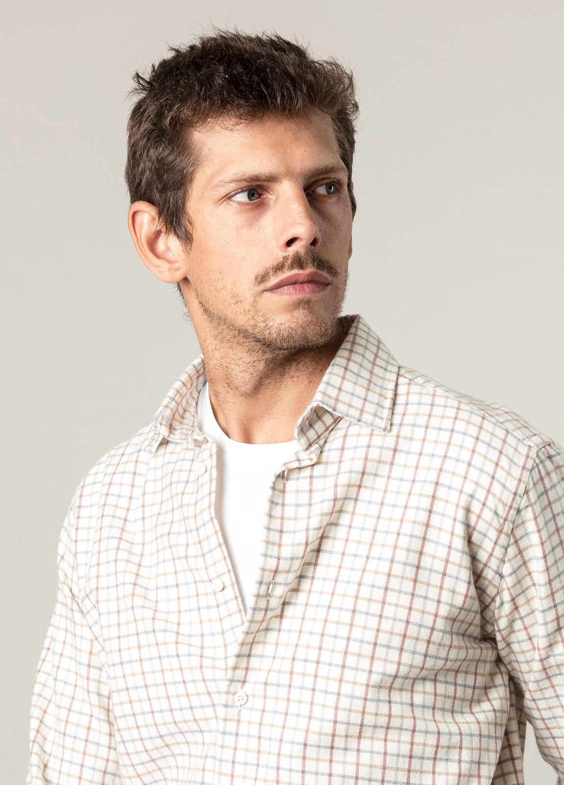 Beige plaid flannel sport shirt