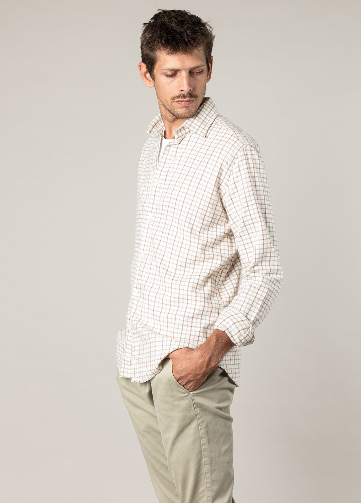 Beige plaid flannel sport shirt